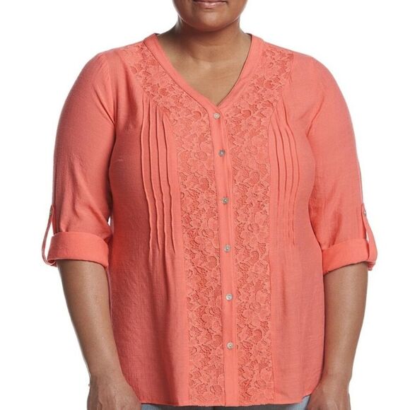 Studio Works | Coral Button Front Top with Lace | Large - Picture 10 of 10